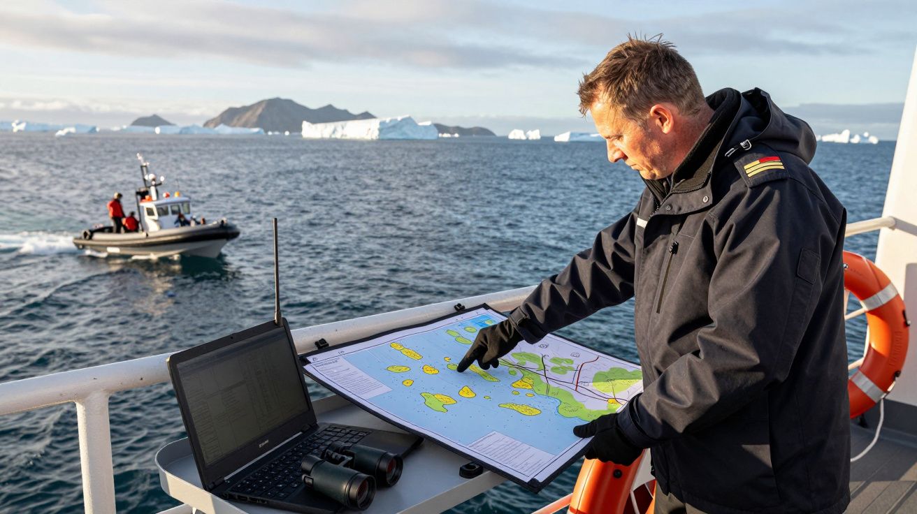 Homem de uniforme naval aponta para um mapa num barco, com icebergs e um pequeno bote ao fundo.