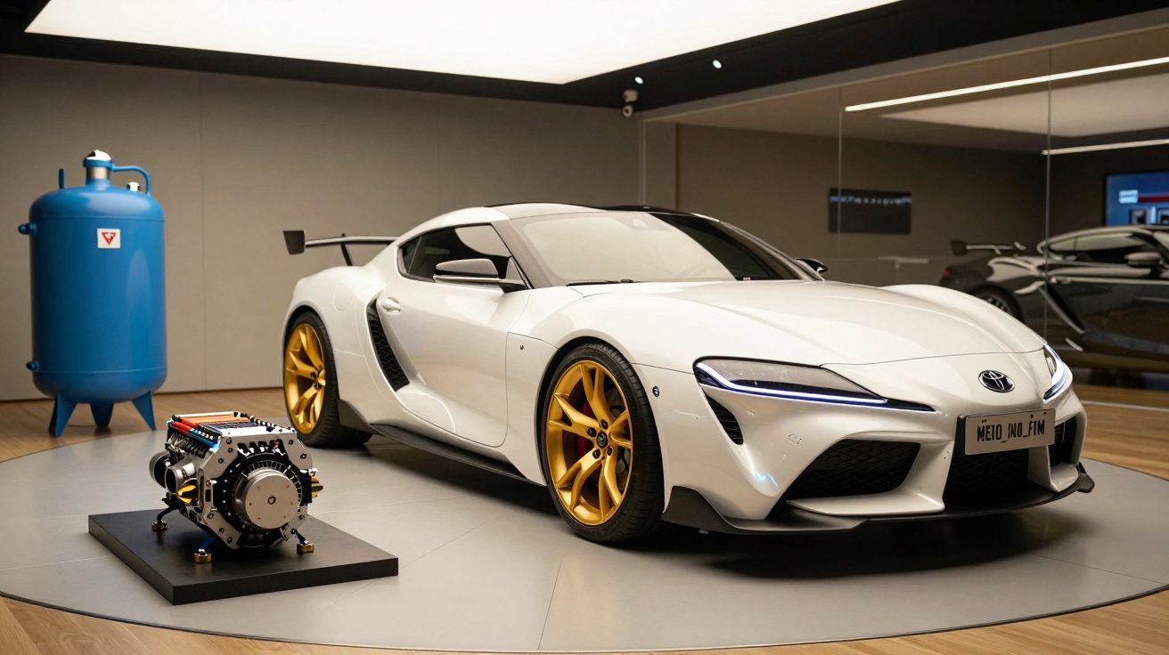 Carro desportivo branco com jantes douradas exibido em showroom, ao lado de um motor no chão.