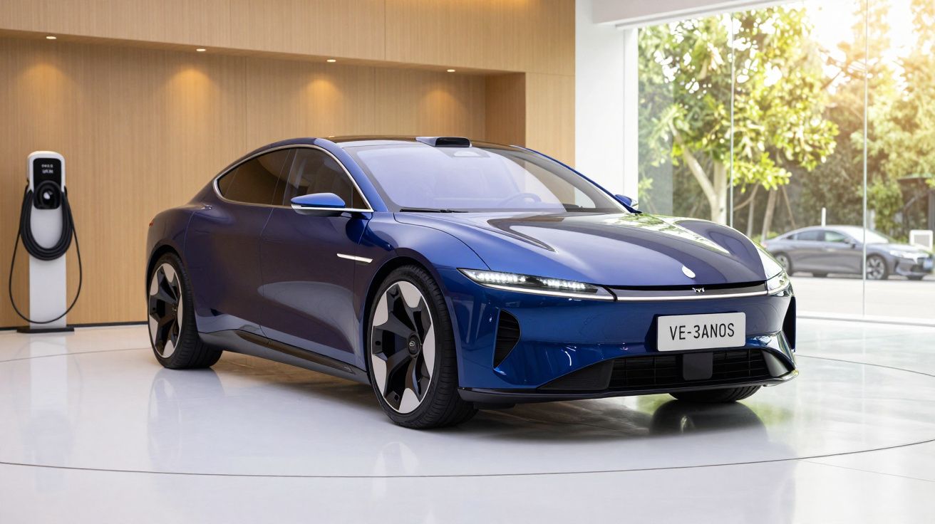 Carro elétrico azul em exposição, com design moderno, ao lado de um carregador, num showroom com fundo de madeira e vidro.