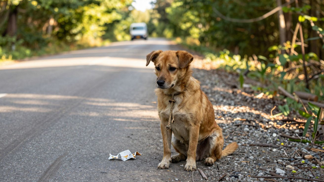 Cão castanho sentado na berma da estrada com lixo à frente, vegetação ao fundo.