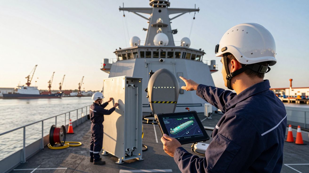 Dois trabalhadores de capacete no convés de um navio, um apontando e segurando um tablet, outro ajustando um painel.