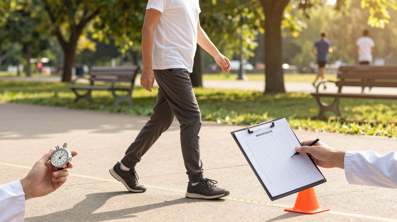 Homem a caminhar num teste de marcha ao ar livre, cercado por duas pessoas com cronómetro e prancheta.