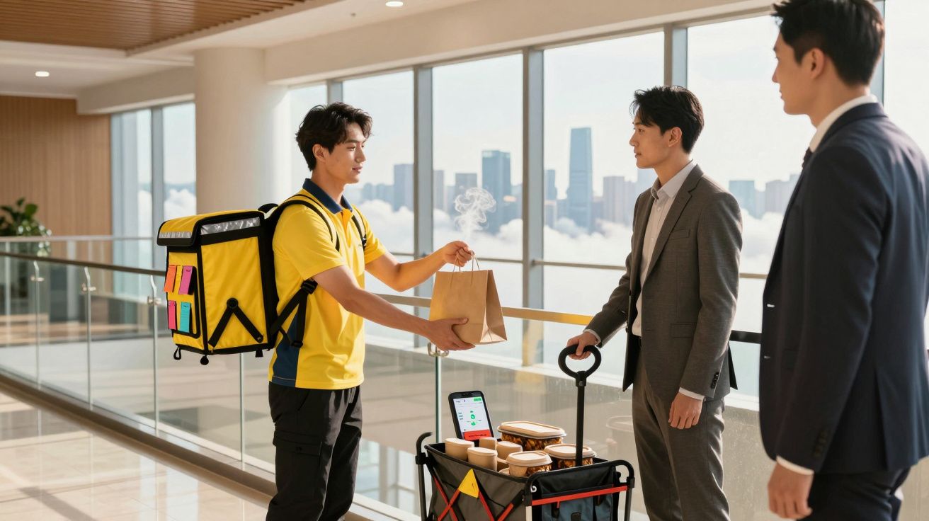 Entregador com mochila amarela entrega comida a duas pessoas de fato em corredor envidraçado com vista urbana.