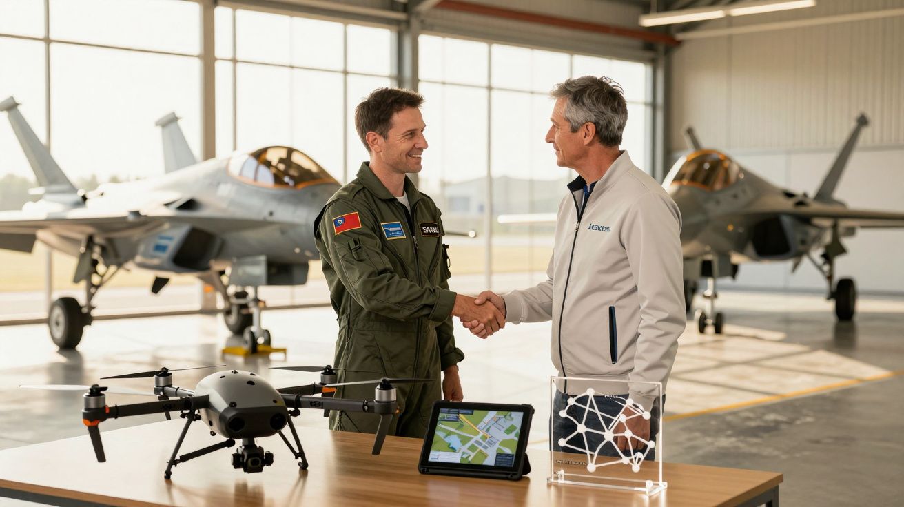 Dois homens apertam as mãos numa garagem com drones e aviões de combate ao fundo.