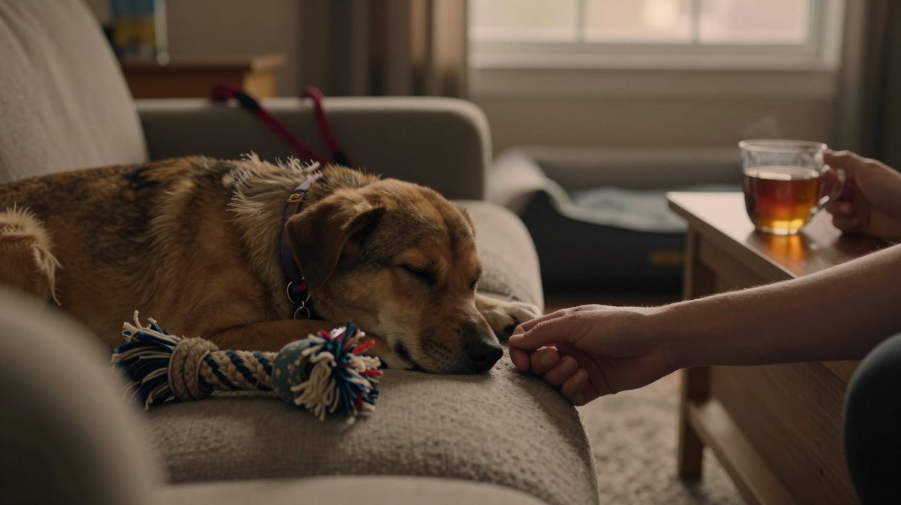 Cão deitado no sofá com brinquedo de corda, recebido por mão humana, chá na mesa ao fundo.