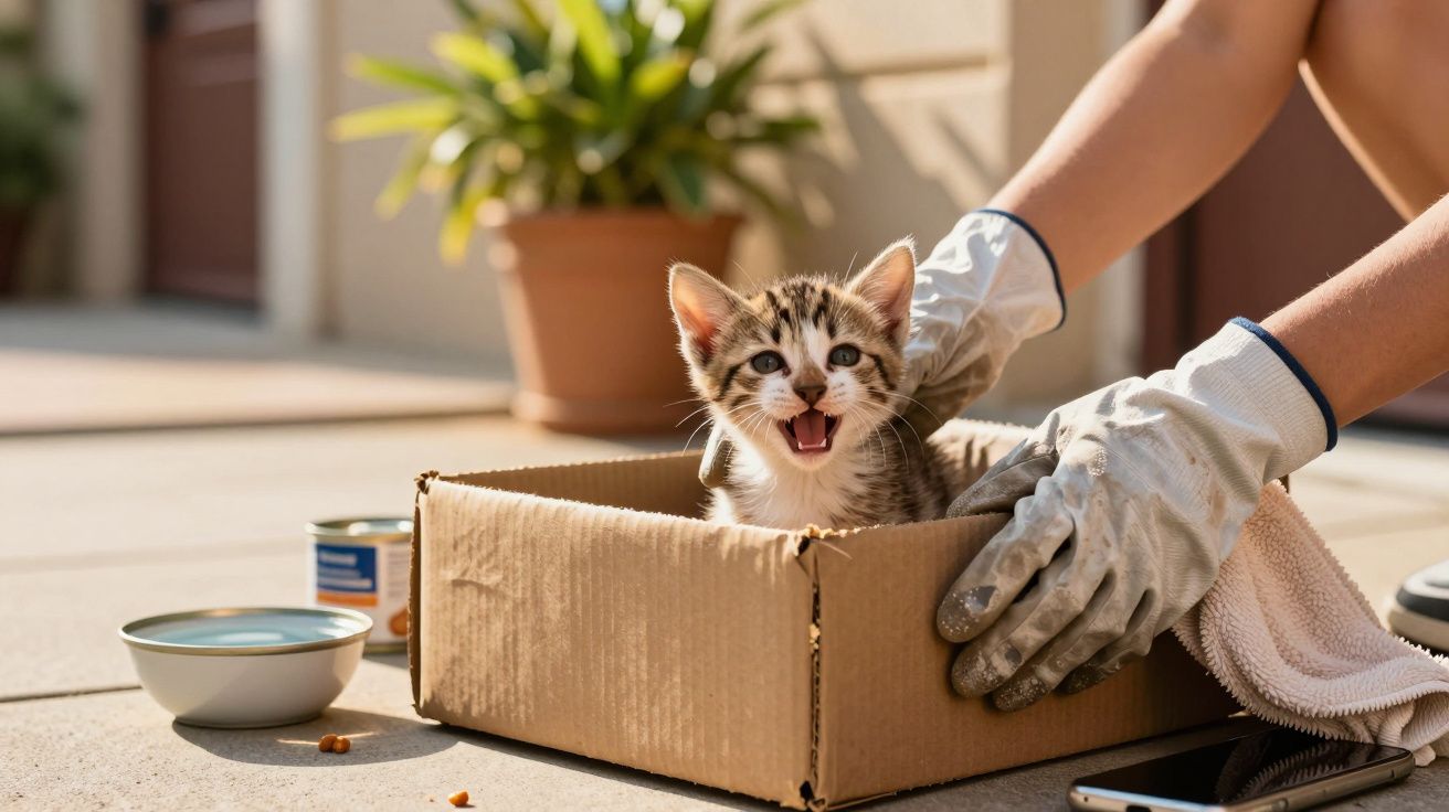 Gatinho numa caixa de cartão na rua, ao lado de tigelas e mãos com luvas acariciando-o.