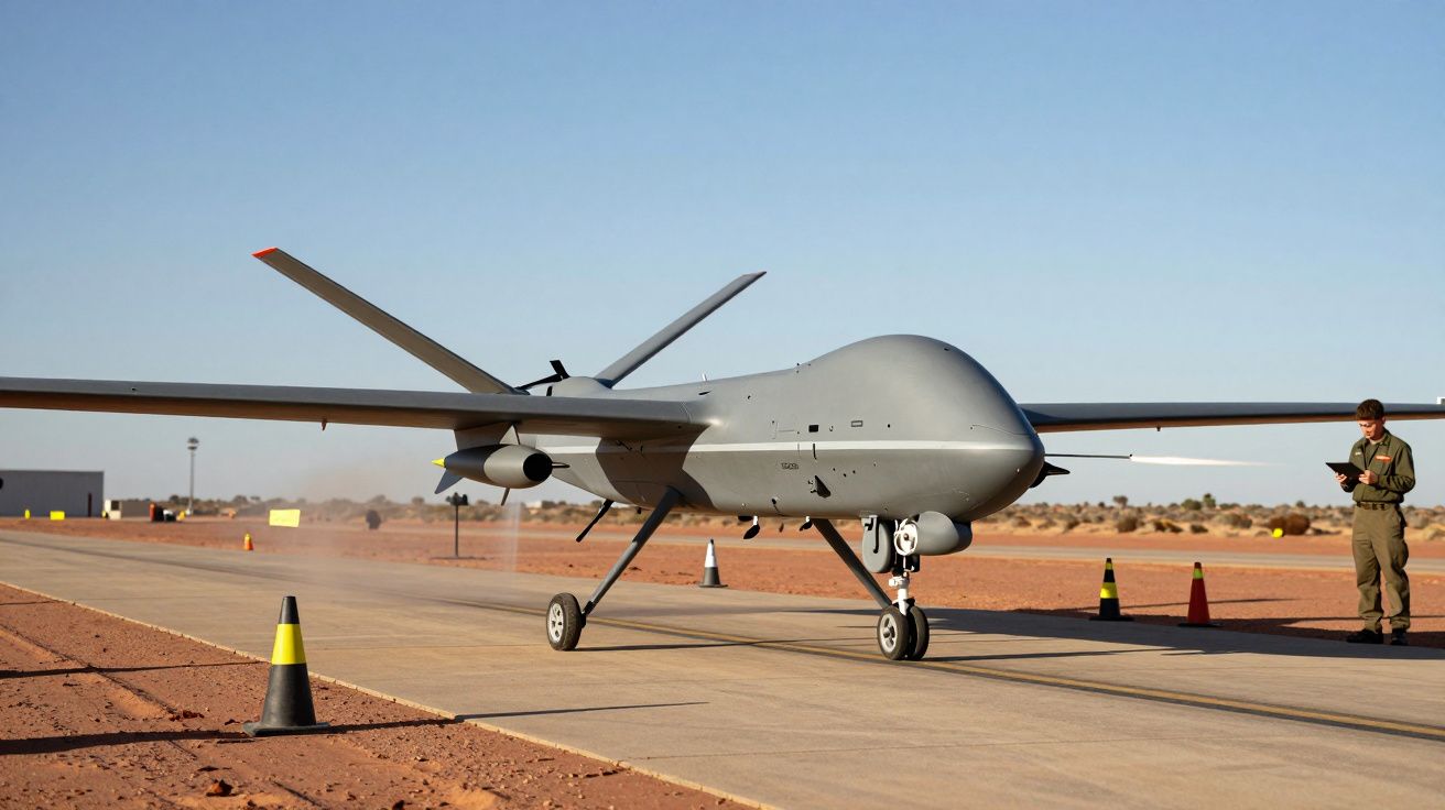 Drone cinzento em pista deserta, com técnico ao lado. Céu azul e cones de segurança ao longo da pista.