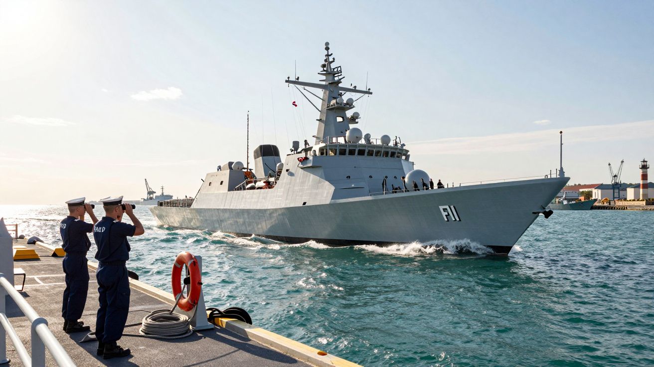 Navio de guerra F11 branco no porto, com dois marinheiros observando do cais. Dia ensolarado com céu claro.