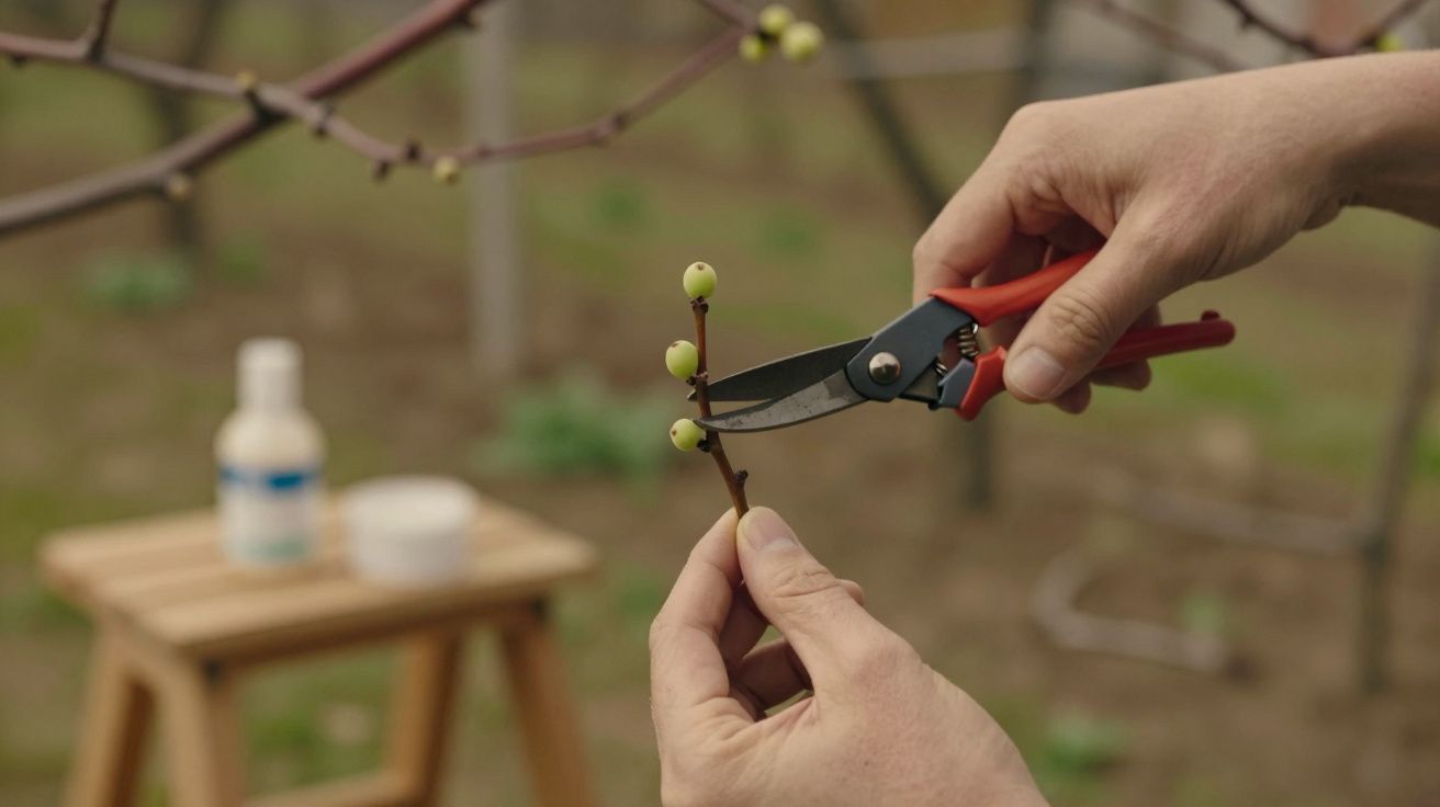 Mãos podando um ramo com uma tesoura de jardim vermelha, pequenas frutas verdes visíveis, fundo desfocado.