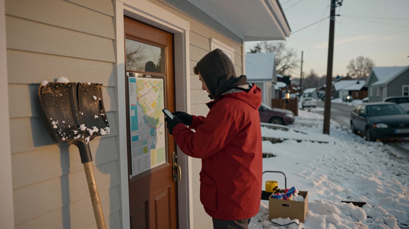 Pessoa de casaco vermelho e capuz mexe no telefone ao lado de uma pá encostada numa parede com neve ao redor.