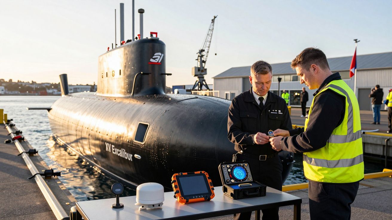 Dois homens junto a um submarino no cais, com equipamentos técnicos numa mesa ao lado.