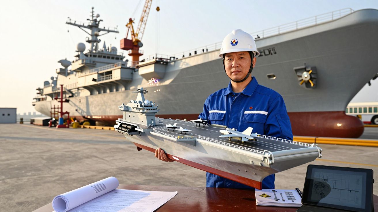 Trabalhador com capacete segura modelo de porta-aviões em doca, navio grande ao fundo.