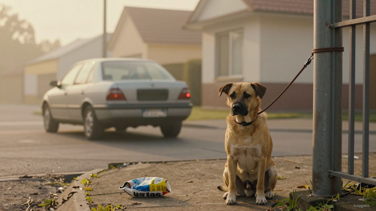 Cão preso a um poste na rua, ao lado de um carro estacionado e uma embalagem caída no chão.