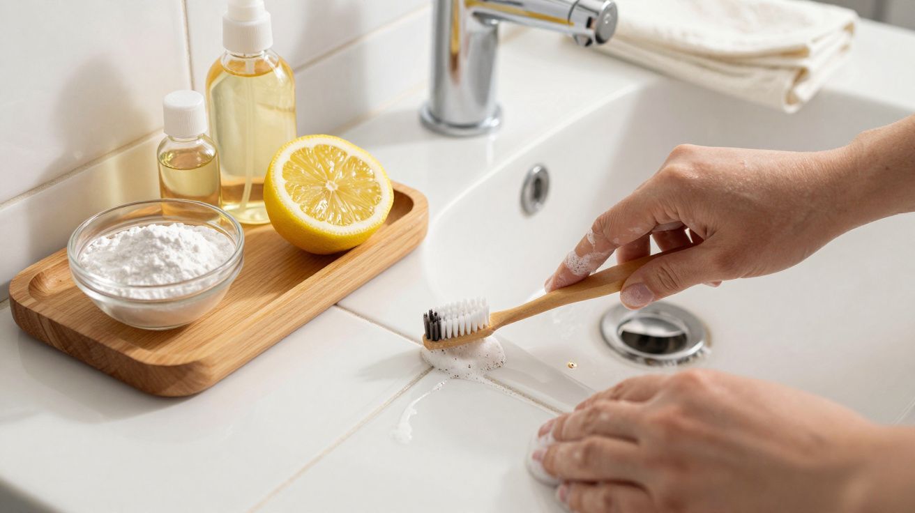 Pessoa a limpar azulejos de lavatório com escova e bicarbonato de sódio; limão e frascos no tabuleiro ao lado.