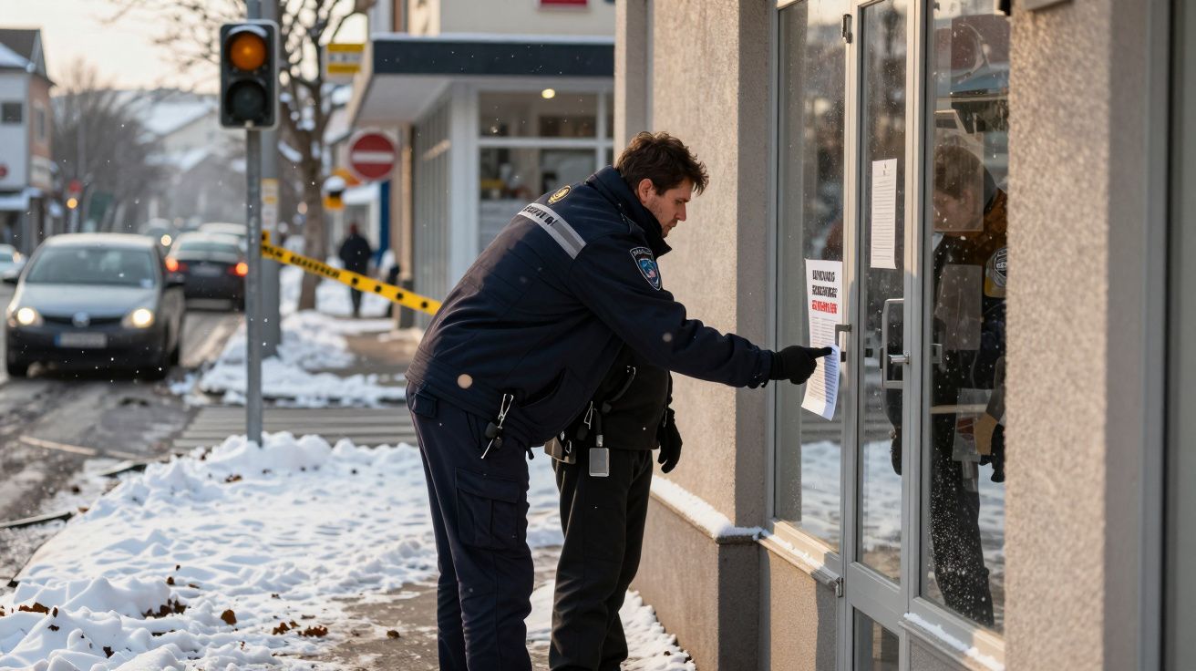 Polícia investiga local após acidente, rua nevada fechada com fita amarela, carro parado à frente.