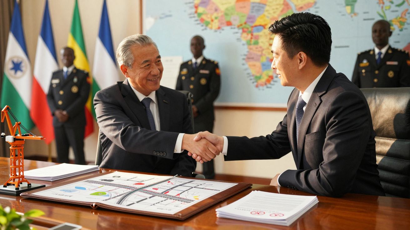 Dois homens em fato e gravata apertam as mãos em frente a uma mesa com mapas, com bandeiras e mapa-múndi ao fundo.