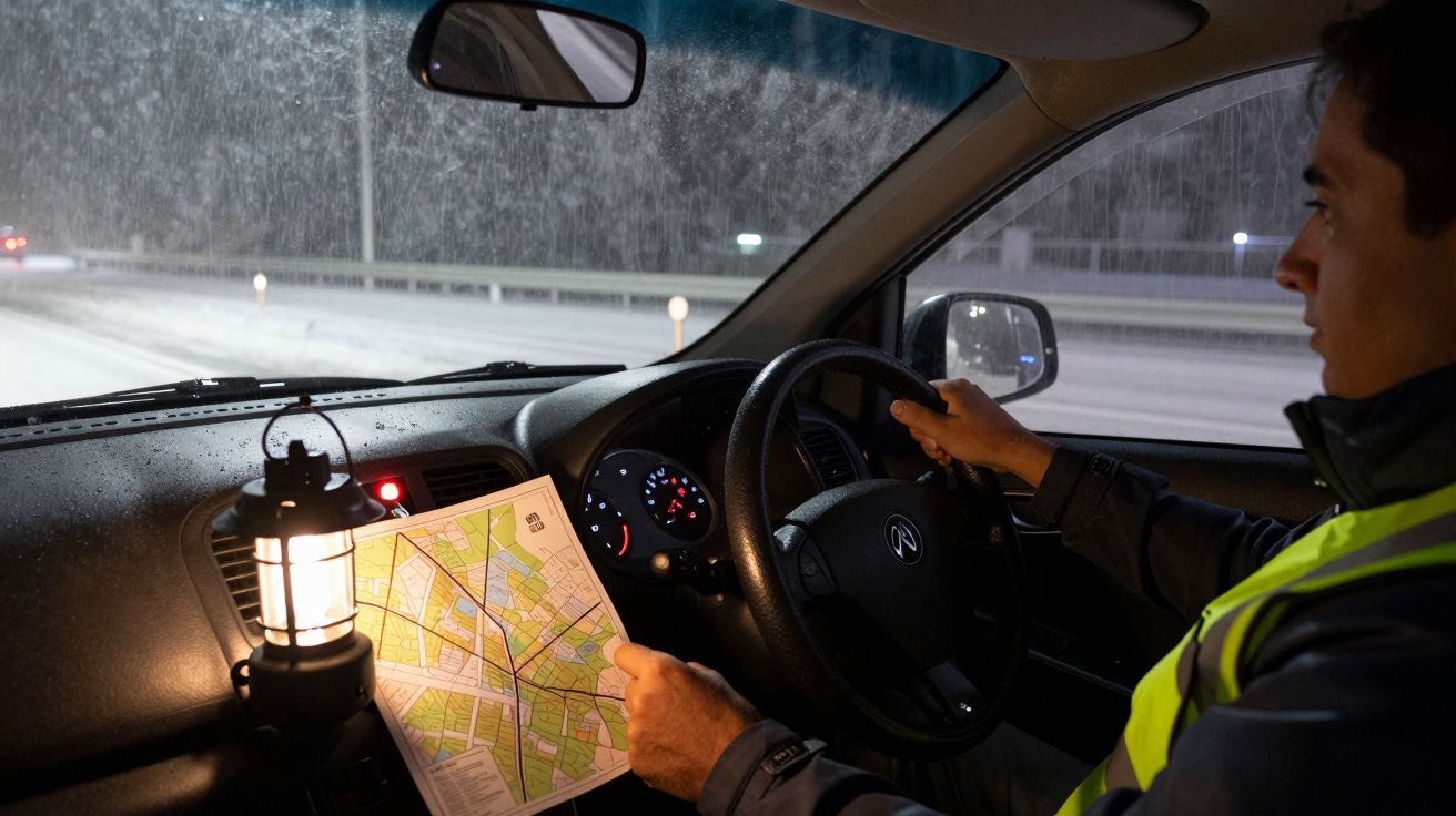 Condutor segura um mapa e um volante, com estrada nevada à noite visível pela janela do carro.