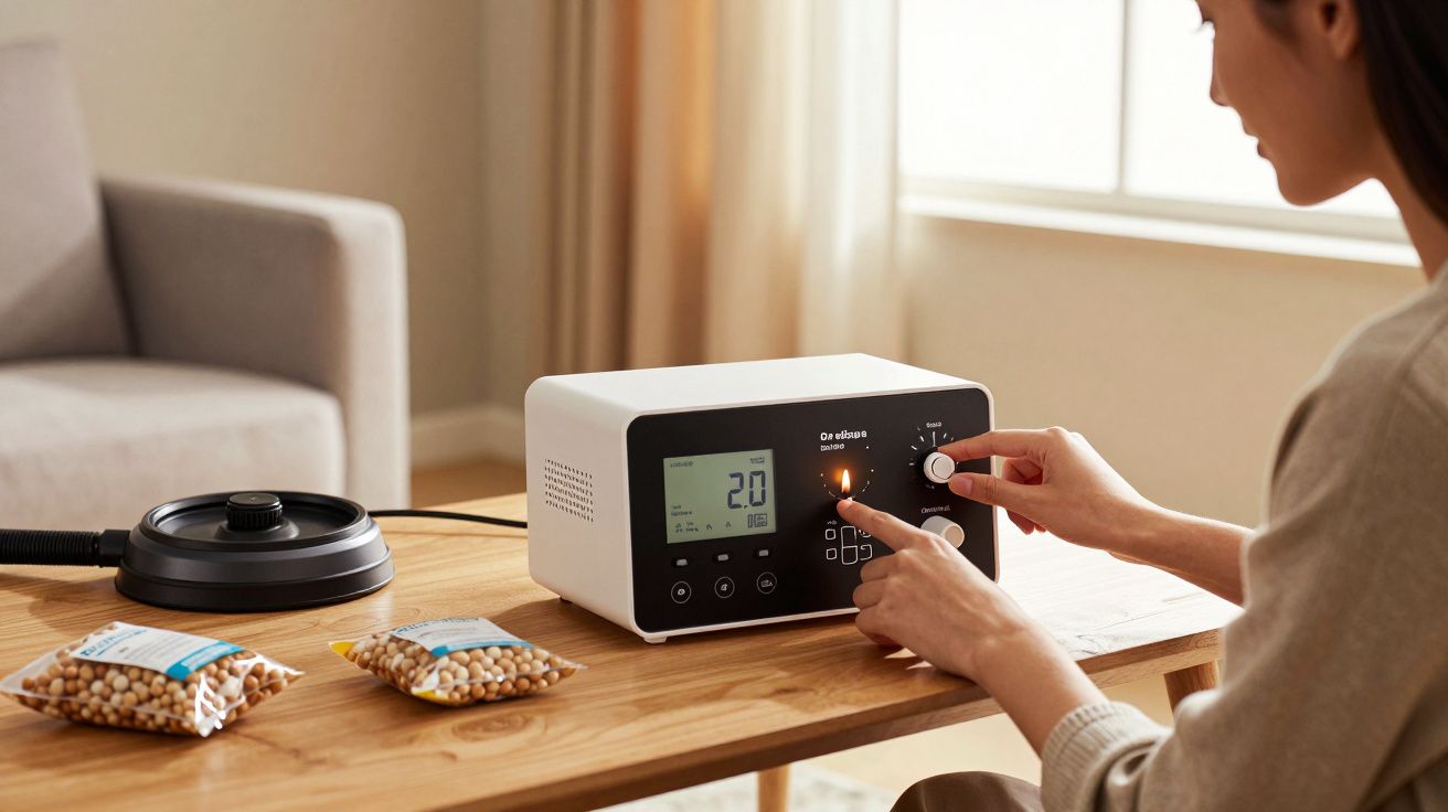 Mulher ajusta um aparelho eletrônico branco sobre mesa de madeira, com pacotes de grão-de-bico ao lado.