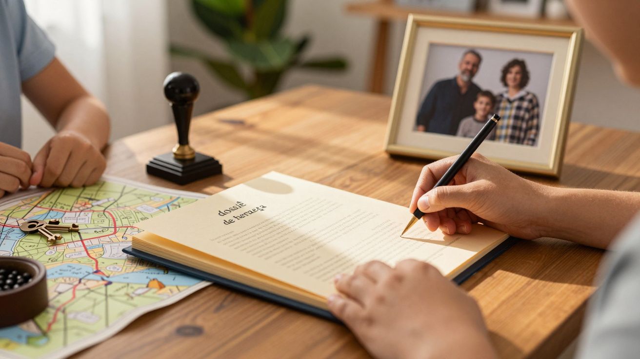 Pessoa a assinar documento em mesa de madeira com um mapa, carimbo e foto de família ao fundo.