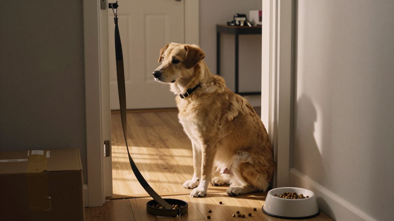 Cão sentado numa entrada, com uma trela pendurada e uma tigela de ração no chão.