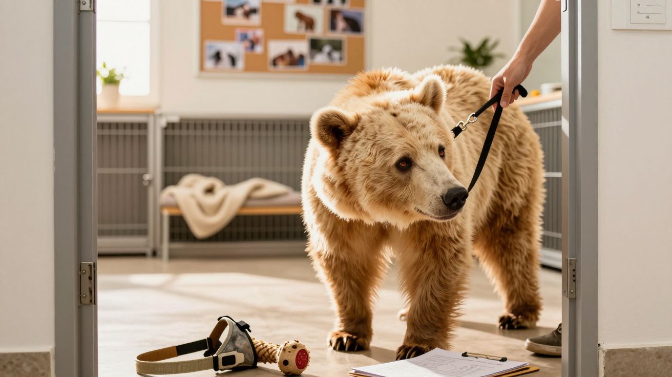 Urso castanho em pé numa sala com brinquedo e documentos, segurado por uma pessoa, provavelmente num ambiente de treino ou co