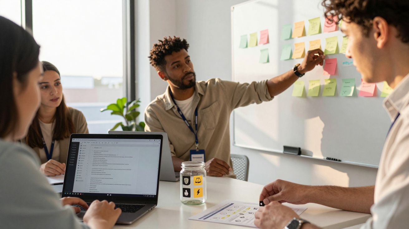 Homem apresenta ideias num quadro branco com notas adesivas, enquanto três pessoas o escutam numa sala iluminada.