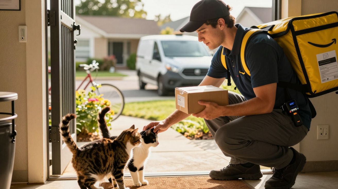 Entregador a acariciar dois gatos à porta enquanto segura uma encomenda. Uma carrinha branca está estacionada na rua.