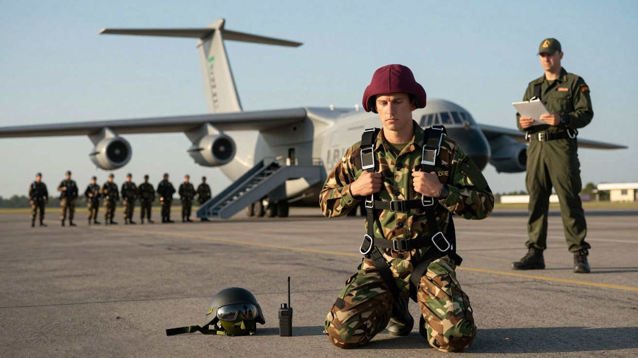 Soldado de paraquedismo ajoelhado em frente a um avião militar, com capacete e rádio no chão. Outros soldados em formação.