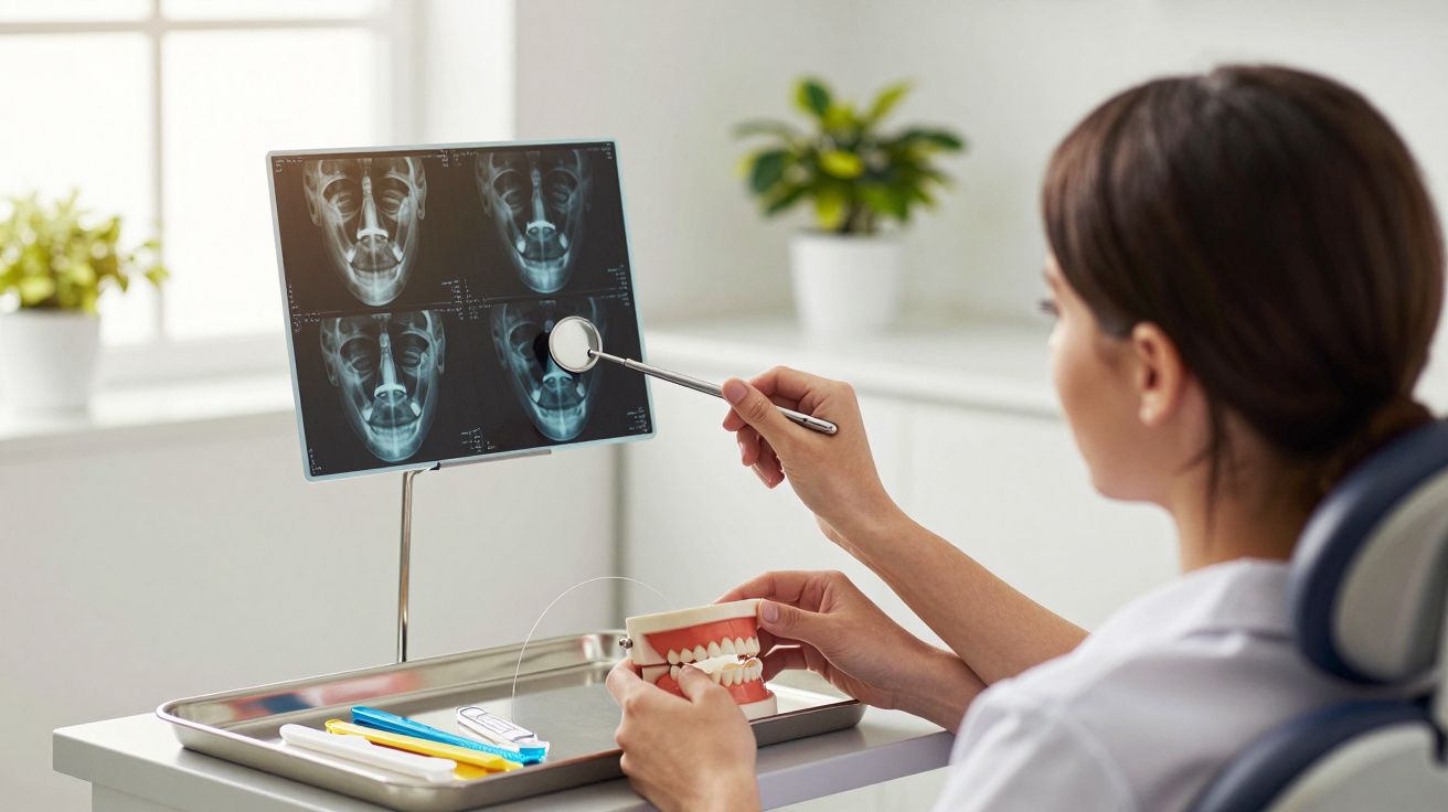 Dentista examina radiografias dentárias num monitor enquanto segura modelo de dentes em consultório.