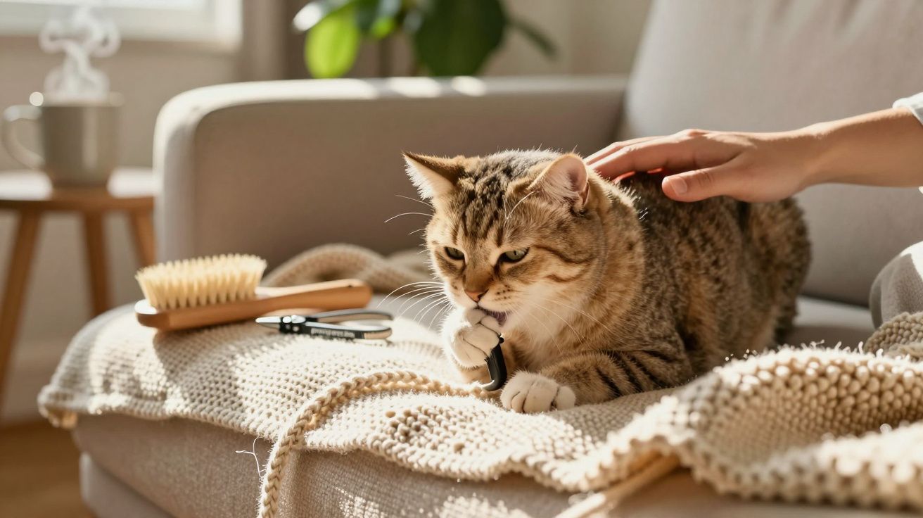 Gato a ser acariciado no sofá, com escova e tesoura ao lado, aproveitando a luz suave da sala.