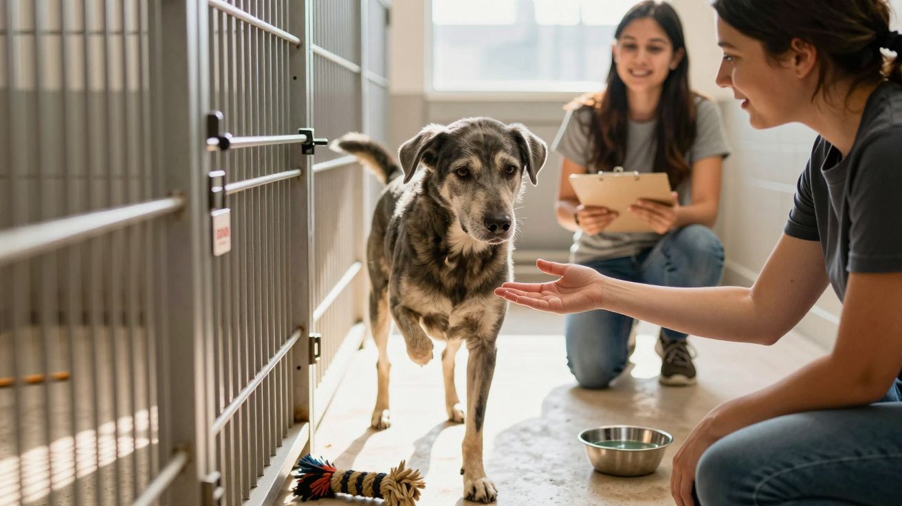 Duas mulheres cuidam de um cão num abrigo; uma ajoelhada estende a mão e a outra segura um bloco de notas.