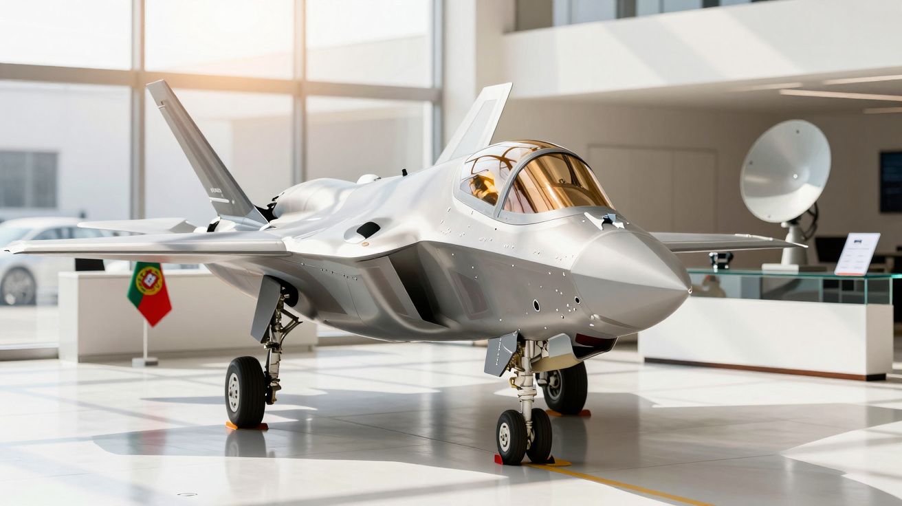 Avião de combate moderno em exibição numa sala clara com bandeira de Portugal ao fundo.