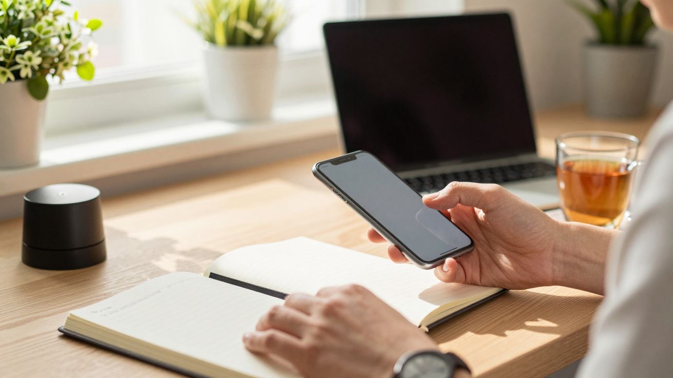 Pessoa segurando um telemóvel junto a um portátil e caderno sobre uma mesa com chá e plantas.