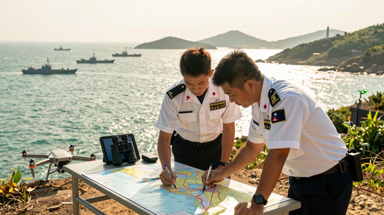 Oficiais navais analisam mapa numa mesa exterior, com uma frota de navios ao fundo no mar e um drone ao lado.