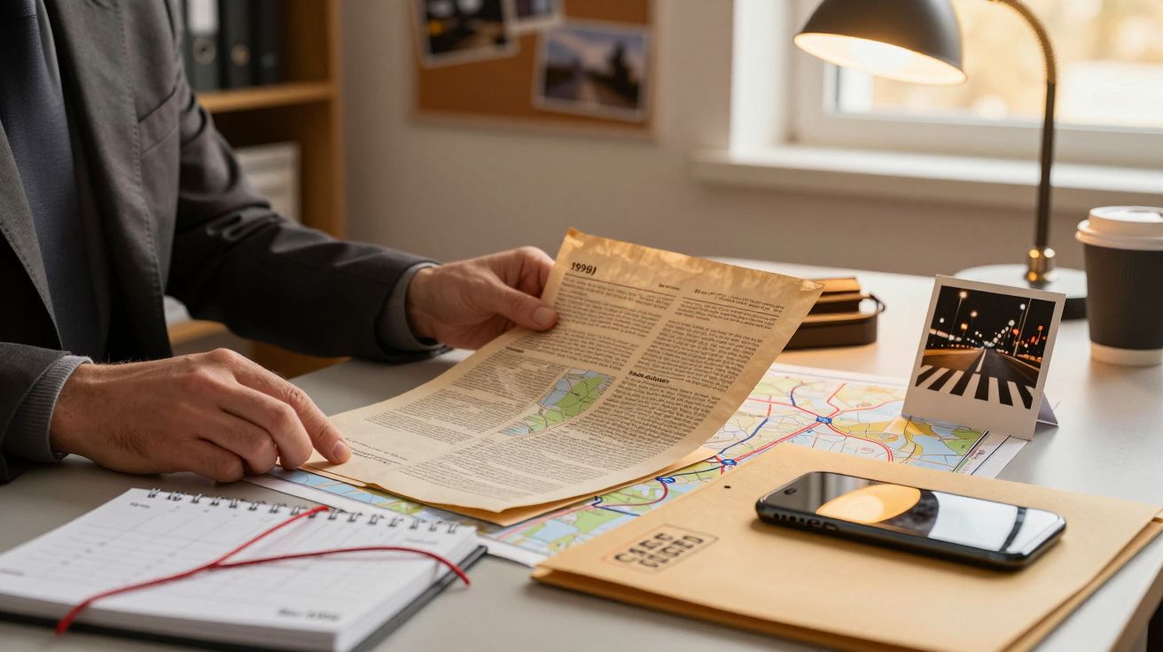 Pessoa examina documentos sobre mapa numa secretária com café, foto, smartphone e abajur aceso.