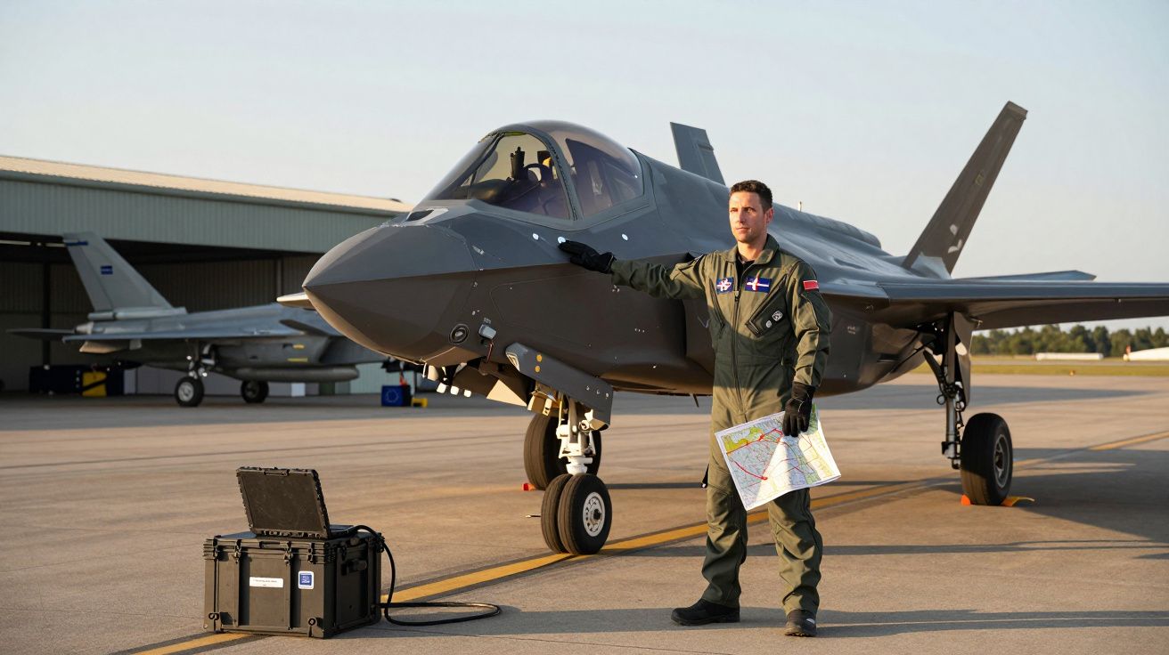 Piloto junto a um caça moderno no aeroporto, segurando um mapa.