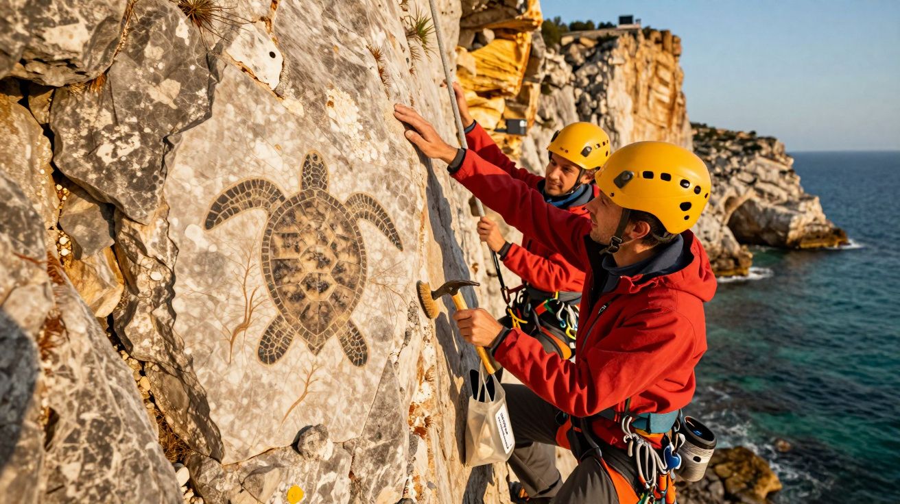 Dois escaladores equipados estudando uma gravura de tartaruga numa parede rochosa junto ao mar.