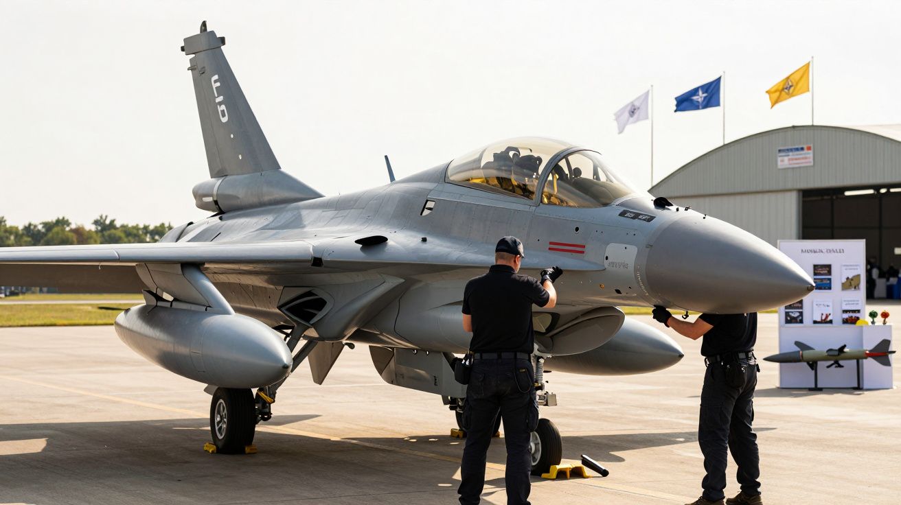 Dois homens inspecionam um caça a jato cinza em exibição num aeroporto, com hangar e bandeiras ao fundo.