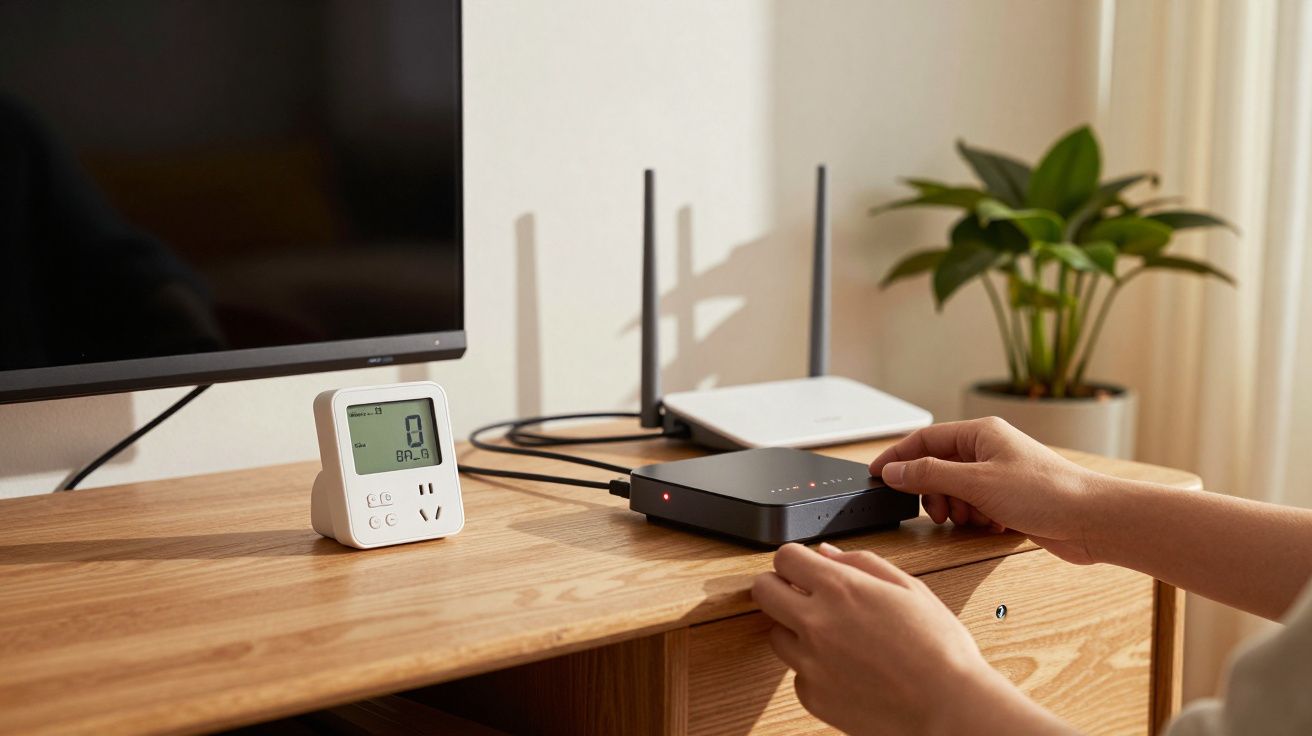 Pessoa a ajustar dispositivo preto sobre mesa de madeira, ao lado de monitor e medidor digital.