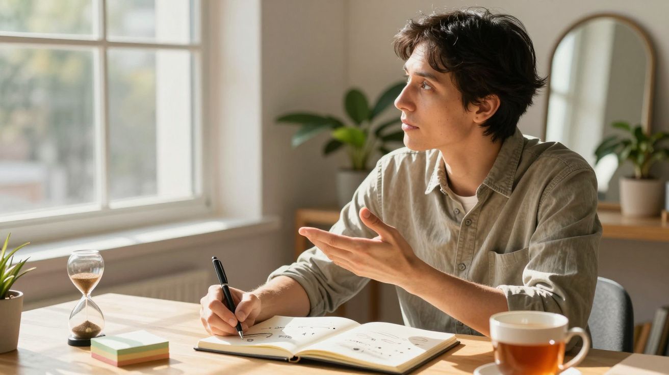 Homem sentado à mesa anotando num caderno, com chá e ampulheta ao lado, olhando para a janela pensativo.