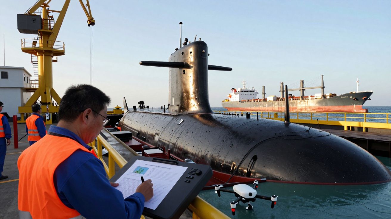 Homem examina painel ao lado de submarino preto num porto com cargueiro ao fundo.