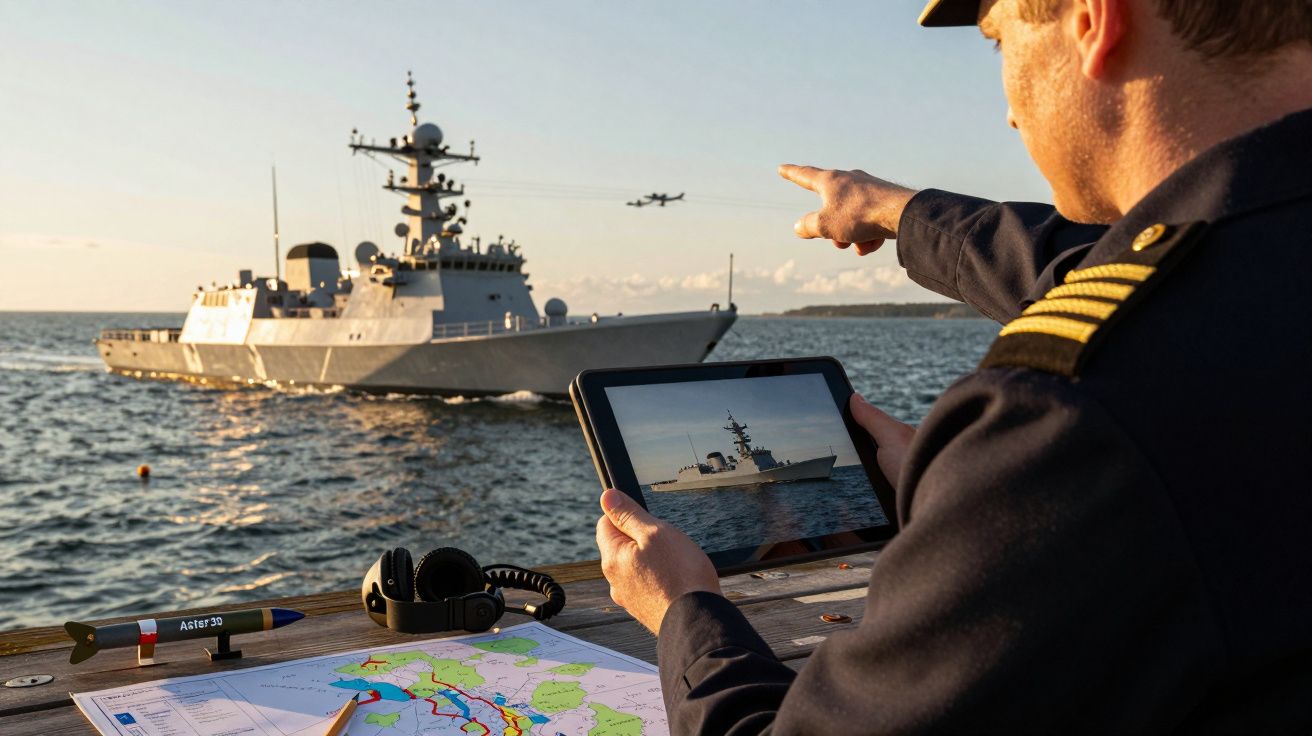 Oficial da marinha aponta para um navio de guerra no mar, segurando um tablet. Mapa e fone de ouvido na mesa.