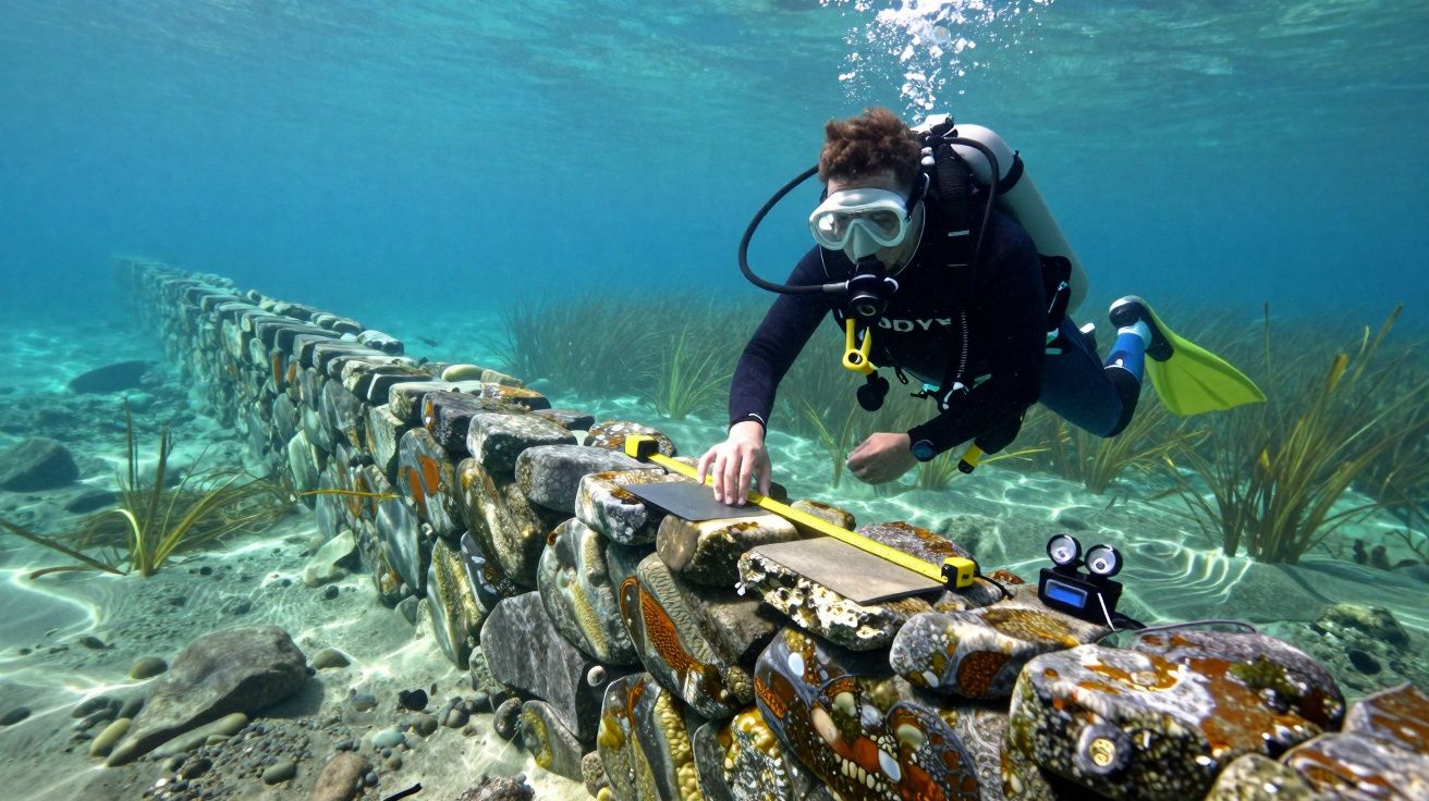 Mergulhador inspeciona uma barreira de pedras no fundo do mar, cercada por plantas aquáticas e equipado com equipamento de me