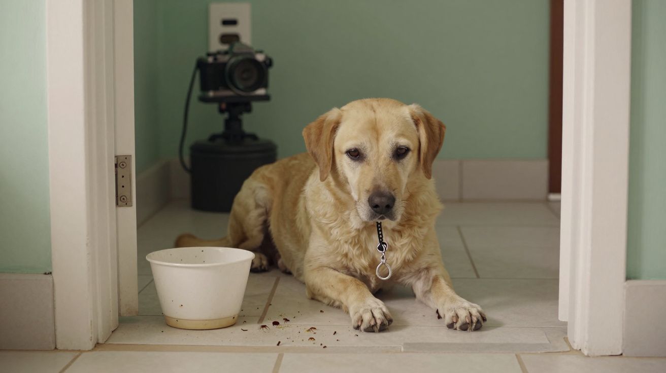 Cão amarelo deitado no chão ao lado de uma tigela branca e comida espalhada, com um aparelho elétrico ao fundo.