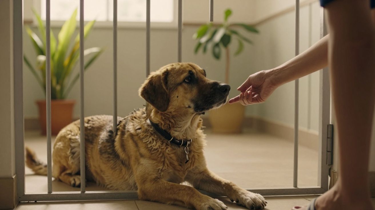 Cão castanho deitado atrás de uma grade, recebe carinho de uma mão através das barras, com plantas ao fundo.