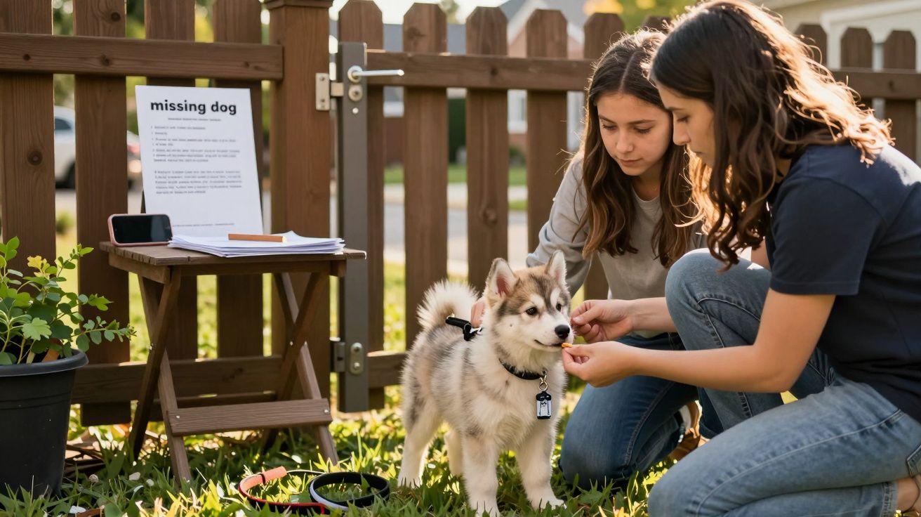 Duas raparigas a alimentar um cachorro no jardim, com uma mesa e um cartaz de cão desaparecido ao fundo.