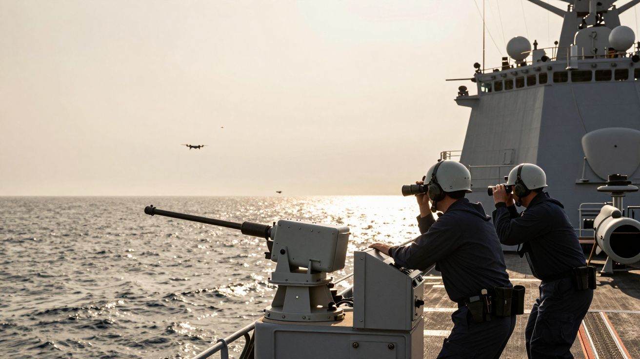 Dois marinheiros de capacete observam o mar com binóculos a bordo de um navio militar ao pôr do sol.