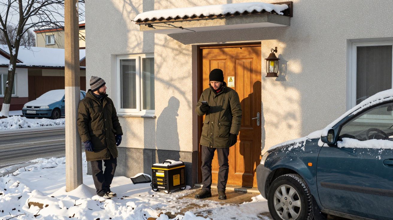 Duas pessoas em casacos de inverno junto a uma porta, com neve no chão e um carro estacionado ao lado.