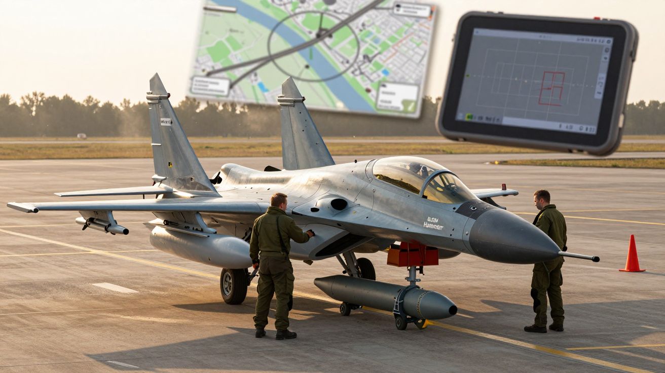 Dois militares junto a um caça no aeródromo ao amanhecer, com imagens sobrepostas de um mapa e ecrã de radar.