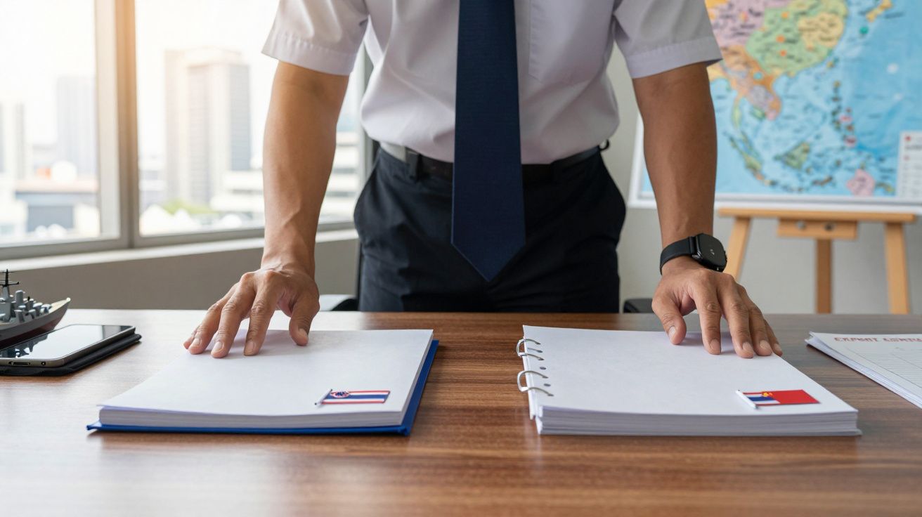 Homem de camisa social revendo documentos na mesa, com maquete de navio e mapa ao fundo.